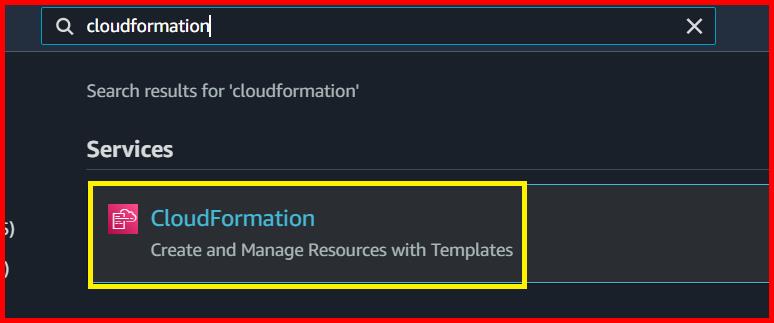 Picture showing the cloudformation service in the search result of the AWS console